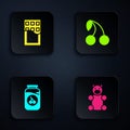 Set Jelly bear candy, Chocolate bar, Cherry jam jar and . Black square button. Vector Royalty Free Stock Photo