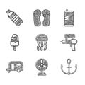 Set Jellyfish, Electric fan, Anchor, Water gun, Rv Camping trailer, Ice cream, Soda can and Bottle of water icon. Vector