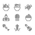 Set Jellyfish, Octopus, Soy sauce bottle, Caviar, Fish skeleton, Fisherman, Tropical and Shark fin soup icon. Vector