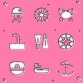 Set Jellyfish, Ship steering wheel, Crab, Periscope, Flippers for swimming, Wind rose, Captain hat and Cargo ship icon
