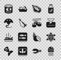 Set Jellyfish, Turtle, Whale tail in ocean wave, Mussel, Fishing harpoon, Stingray, Canned and Sushi icon. Vector