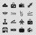 Set Jet engine turbine, Suitcase, Plane takeoff, Aviation emblem, Cloud weather and Airplane seat icon. Vector