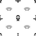 Set Jet fighter, Balaclava and Brass knuckles on seamless pattern. Vector