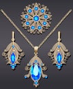 set of jewelry from a brooch pendant and earrings with precious stones Royalty Free Stock Photo