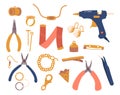 Set Of Jewelry Fittings And Tools, For Bijouterie Making And Repair. Variety Of Essential Components Vector Illustration