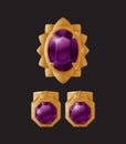 Set jewelry items gold earrings clips purple stone Royalty Free Stock Photo