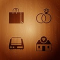 Set Jewelry store, Shopping bag jewelry, Electronic scales and Wedding rings on wooden background. Vector