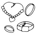 Set of jewelry, women necklace with a heart and bracelets, vector doodle element