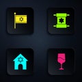 Set Jewish goblet, Flag of Israel, synagogue and Torah scroll. Black square button. Vector