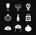 Set Jewish goblet, Hanukkah menorah, Star of David, kippah, Pomegranate, and wine bottle icon. Vector Royalty Free Stock Photo