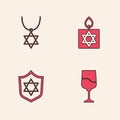 Set Jewish goblet, Star of David necklace on chain, Burning candle and Shield with icon. Vector Royalty Free Stock Photo