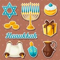 Set of Jewish Hanukkah celebration sticker objects and icons Royalty Free Stock Photo