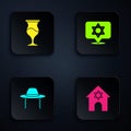 Set Jewish synagogue, goblet, Orthodox jewish hat and Star of David. Black square button. Vector