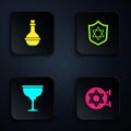 Set Jewish synagogue, wine bottle, goblet and Shield with Star of David. Black square button. Vector