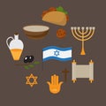 Set of jewish traditional symbols and food, israel religios judaism objects in flat style. culture. David star, minora and anc Royalty Free Stock Photo