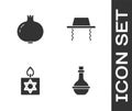 Set Jewish wine bottle, Pomegranate, Burning candle and Orthodox jewish hat icon. Vector