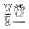 Set of jiggers and parts of a cocktail shaker in line art on a white background