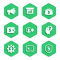 Set Job promotion, Safe, Shield with dollar, Human head question mark, gear inside, Wallet, and Megaphone icon. Vector Royalty Free Stock Photo