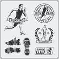 Set of jogging and running club labels, emblems, badges and design elements. Running shoes icons and silhouettes of runners.