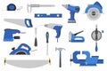 Set of joiner, repair and construction tools for repairment, carpenter isolated vector illustration, woodworking and