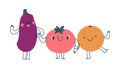 Set of joyful characters standing in a row and holding hands, eggplant, tomato, orange