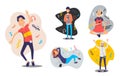 Set of joyful people wearing earphones and headphones, listening to music and dancing. Bundle of happy boys and girls