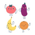 Set of joyful waving fruits and vegetables on a white background, with hands in line art style