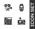 Set Joystick, Retro cinema camera, Telephone handset and Old mobile icon. Vector