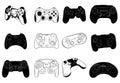 Set of joysticks for the console. Collection of joysticks for video games. Black and white illustration of game consoles