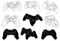 Set of joysticks for the console. Collection of joysticks for video games. Black and white illustration of game consoles