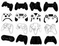 Set of joysticks for the console. Collection of joysticks for video games. Black and white illustration of game consoles