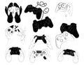 Set of joysticks for the console. Collection of joysticks for video games. Black and white illustration of game consoles