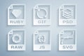 Set JS file document, PSD, RAW, SVG, GIF and RUBY icon. Vector