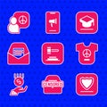 Set Judge gavel, Censored stamp, Shield, Peace, Coins on hand - minimal wage, Mail e-mail, Graduation cap and talks icon