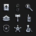 Set Judge gavel, Hexagram sheriff, Money bag and magnifying glass, Walkie talkie, Police badge, cap with cockade Royalty Free Stock Photo