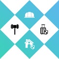 Set Judge gavel, House with shield, Worker safety helmet and Travel suitcase icon. Vector