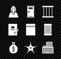 Set Judge, Prison cell door, window, Money bag, Hexagram sheriff, Retro typewriter, Lawsuit paper and Plastic with