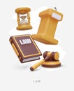 Set of judicial system symbols. 3D tribune with microphone, hourglass, law book, judges gavel Royalty Free Stock Photo