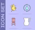 Set Jug glass with water, Water drop, cooler and Recycle clean aqua icon. Vector