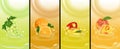 Set juice splash fresh fruits. Grape, Orange, Peach and Mango 3d realistic vector. Package design or poster, advertising Royalty Free Stock Photo