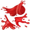 Set of juice splash, swirl of fruit and berry compote splashing. Splash of wine or red juice or blood. liquid of falling