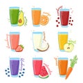 Set juices from fruits and vegetables. Collection of illustrations of drinks for a healthy diet. Juice from the berries