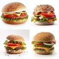 Set of set appetizing burgers, cheese burgers and hamburgers on a white background. AI generated Royalty Free Stock Photo