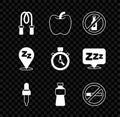 Set Jump rope, Apple, No alcohol, Pipette with oil, Bottle of water, Smoking, Sleepy and Stopwatch icon. Vector