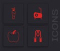 Set Jump rope, Carrot, Stationary bicycle and Apple icon. Vector Royalty Free Stock Photo