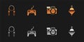 Set Jump rope, Gamepad, Photo camera and Whirligig toy icon. Vector