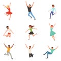 Flat vector set with jumping happy people. Joyful men and women in different positions. Cartoon characters of young guys Royalty Free Stock Photo