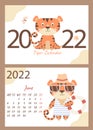 Set of June 2022 calendar and cover. Cute tiger cub in sunglasses, striped swimsuit, beach hat and lifebuoy. Vector illustration