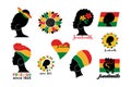 Set of Juneteenth banners with silhouette afro woman, colorful flag, heart, sunflowers isolated on white background.