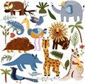 Set of jungle animals and exotic tropical leaves. African animals, parrots, hummingbirds, giraffes, sloths, elephants